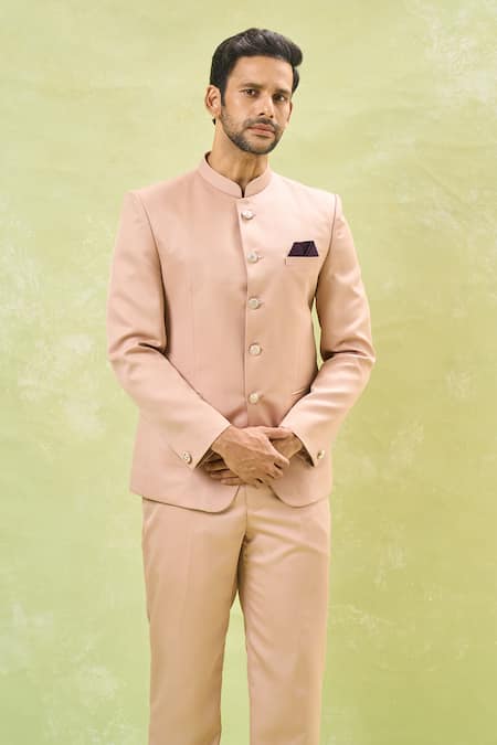 Shop_Arihant Rai Sinha_Pink Cotton Mandarin Collared Bandhgala And Pant Set _Online_at_Aza_Fashions