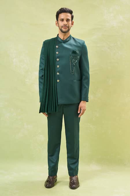 Buy_Arihant Rai Sinha_Green Cotton Cut Work, Beads Embroidered Bandhgala With Pant _Online_at_Aza_Fashions