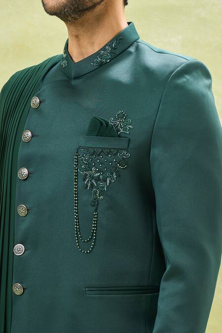 Shop_Arihant Rai Sinha_Green Cotton Cut Work, Beads Embroidered Bandhgala With Pant _Online_at_Aza_Fashions