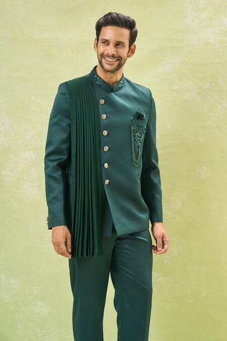 Arihant Rai Sinha_Green Cotton Cut Work, Beads Embroidered Bandhgala With Pant _at_Aza_Fashions