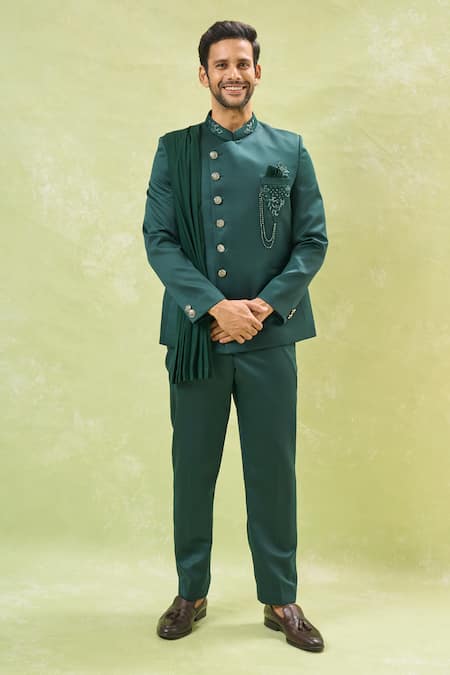 Buy_Arihant Rai Sinha_Green Cotton Cut Work, Beads Embroidered Bandhgala With Pant 