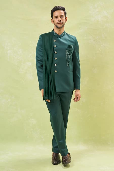 Shop_Arihant Rai Sinha_Green Cotton Cut Work, Beads Embroidered Bandhgala With Pant 