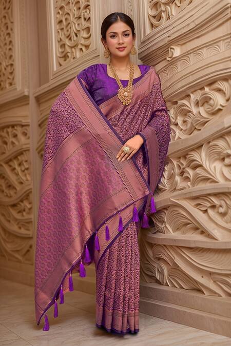 Naintara Bajaj Purple Silk Embroidery Square Neck Floral Woven Banarasi Saree With Blouse Online at Aza Fashions Naintara Bajaj_Purple Silk Embroidery Square Neck Floral Woven Banarasi Saree With Blouse_Online_at_Aza_Fashions
