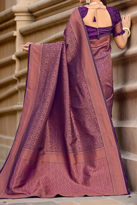 Shop Naintara Bajaj Purple Silk Embroidery Square Neck Floral Woven Banarasi Saree With Blouse at Aza Fashions Shop_Naintara Bajaj_Purple Silk Embroidery Square Neck Floral Woven Banarasi Saree With Blouse_at_Aza_Fashions