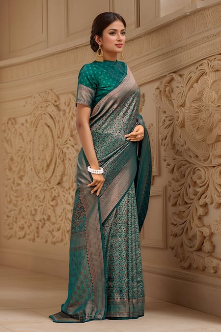 Shop_Samyukta Singhania_Green Silk Embroidery Boat Neck Floral Vine Woven Banarasi Saree And Blouse_Online_at_Aza_Fashions