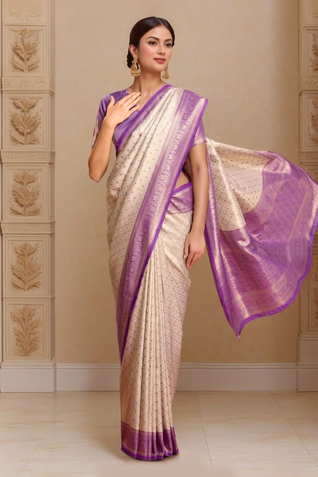 Naintara Bajaj_Off White Kota Doria Embroidery V-neck Geometric Woven Kanjivaram Saree And Blouse _Online_at_Aza_Fashions