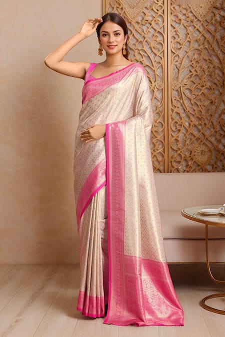 Buy_Naintara Bajaj_Pink Kota Doria, Silk Embroidery Geometric Floral Vine Kanjivaram Saree Set _Online_at_Aza_Fashions