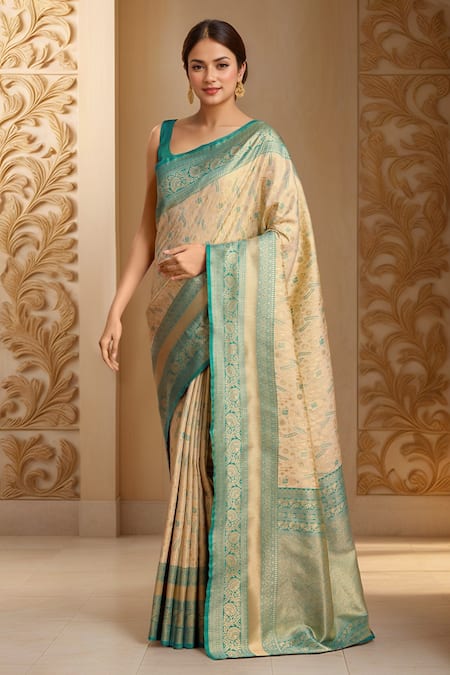 Naintara Bajaj Beige Silk, Tissue Embroidery Plunge Neck Bird Woven Banarasi Saree And Blouse Online at Aza Fashions Naintara Bajaj_Beige Silk, Tissue Embroidery Plunge Neck Bird Woven Banarasi Saree And Blouse _Online_at_Aza_Fashions
