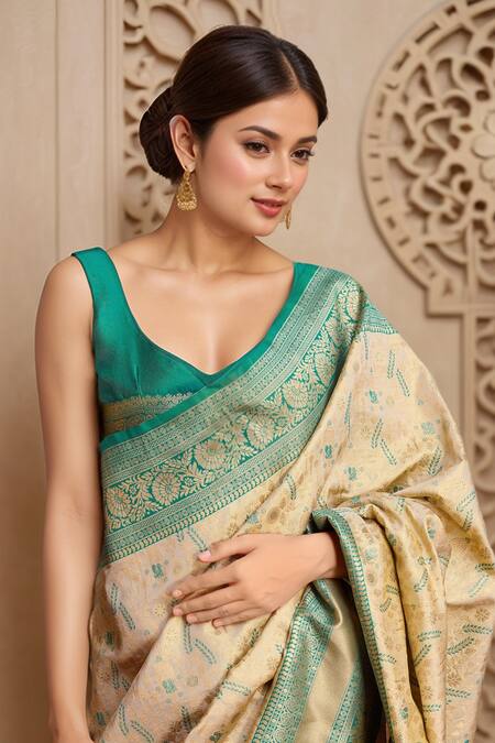 Buy Naintara Bajaj Beige Silk, Tissue Embroidery Plunge Neck Bird Woven Banarasi Saree And Blouse Online at Aza Fashions Buy_Naintara Bajaj_Beige Silk, Tissue Embroidery Plunge Neck Bird Woven Banarasi Saree And Blouse _Online_at_Aza_Fashions