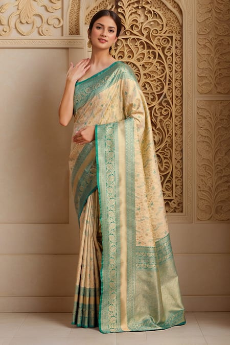 Shop Naintara Bajaj Beige Silk, Tissue Embroidery Plunge Neck Bird Woven Banarasi Saree And Blouse Online at Aza Fashions Shop_Naintara Bajaj_Beige Silk, Tissue Embroidery Plunge Neck Bird Woven Banarasi Saree And Blouse _Online_at_Aza_Fashions