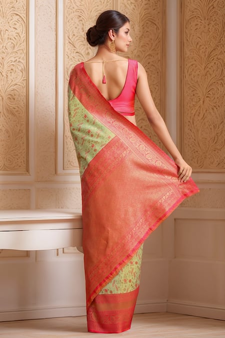 Shop Samyukta Singhania Green Silk, Tissue Embroidery Asymmetric Botanical Woven Banarasi Saree Set at Aza Fashions Shop_Samyukta Singhania_Green Silk, Tissue Embroidery Asymmetric Botanical Woven Banarasi Saree Set _at_Aza_Fashions