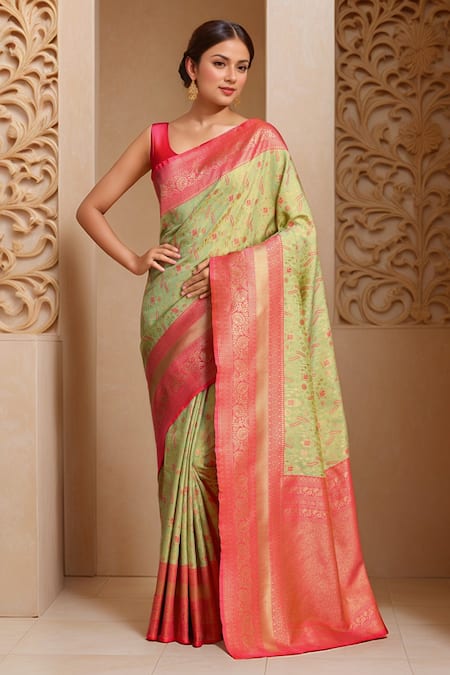 Shop Samyukta Singhania Green Silk, Tissue Embroidery Asymmetric Botanical Woven Banarasi Saree Set Online at Aza Fashions Shop_Samyukta Singhania_Green Silk, Tissue Embroidery Asymmetric Botanical Woven Banarasi Saree Set _Online_at_Aza_Fashions