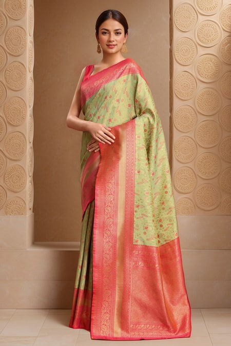 Samyukta Singhania Green Silk, Tissue Embroidery Asymmetric Botanical Woven Banarasi Saree Set at Aza Fashions Samyukta Singhania_Green Silk, Tissue Embroidery Asymmetric Botanical Woven Banarasi Saree Set _at_Aza_Fashions