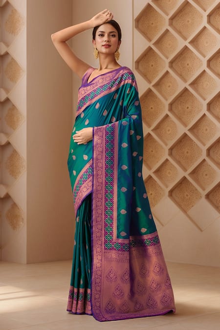 Buy_Naintara Bajaj_Purple Silk Embroidery, Zari Asymmetric Paisley Motif Banarasi Saree Set _Online_at_Aza_Fashions