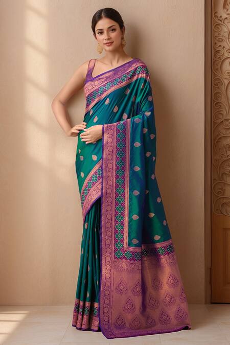 Shop_Naintara Bajaj_Purple Silk Embroidery, Zari Asymmetric Paisley Motif Banarasi Saree Set _Online_at_Aza_Fashions