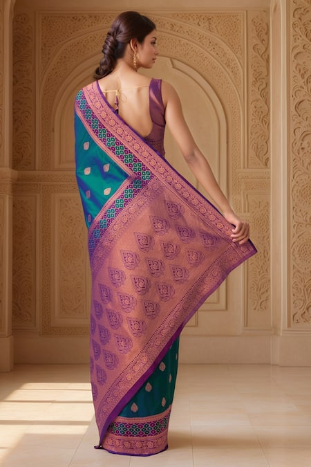 Shop_Naintara Bajaj_Purple Silk Embroidery, Zari Asymmetric Paisley Motif Banarasi Saree Set _at_Aza_Fashions