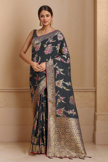 Buy_Samyukta Singhania_Black Viscose, Silk Embroidery, Tassels Floral Woven Saree And Sleeveless Blouse_Online_at_Aza_Fashions