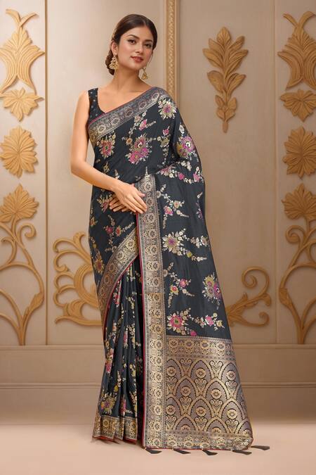 Shop_Samyukta Singhania_Black Viscose, Silk Embroidery, Tassels Floral Woven Saree And Sleeveless Blouse_Online_at_Aza_Fashions