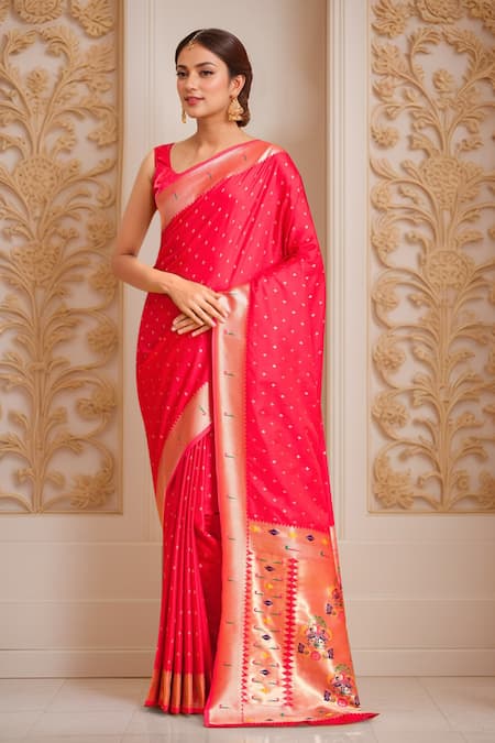 Buy Samyukta Singhania Red Pashmina Embroidery Asymmetric Designer Paithani Silk Woven Saree Set Buy_Samyukta Singhania_Red Pashmina Embroidery Asymmetric Designer Paithani Silk Woven Saree Set