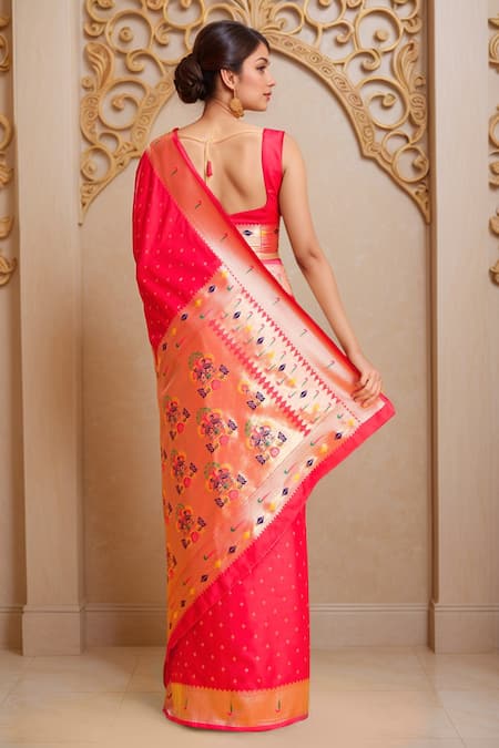 Shop Samyukta Singhania Red Pashmina Embroidery Asymmetric Designer Paithani Silk Woven Saree Set at Aza Fashions Shop_Samyukta Singhania_Red Pashmina Embroidery Asymmetric Designer Paithani Silk Woven Saree Set_at_Aza_Fashions