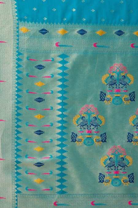 Samyukta Singhania Blue Pashmina Embroidery Asymmetric Floral Butti Woven Saree And Blouse Online at Aza Fashions Samyukta Singhania_Blue Pashmina Embroidery Asymmetric Floral Butti Woven Saree And Blouse_Online_at_Aza_Fashions