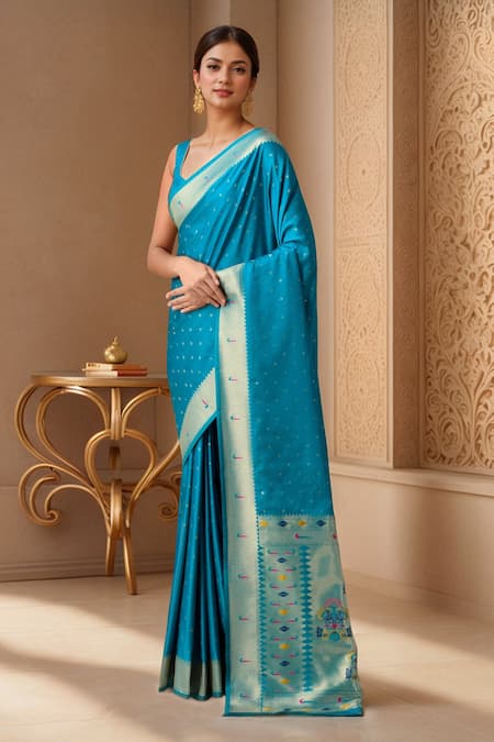 Buy Samyukta Singhania Blue Pashmina Embroidery Asymmetric Floral Butti Woven Saree And Blouse Online at Aza Fashions Buy_Samyukta Singhania_Blue Pashmina Embroidery Asymmetric Floral Butti Woven Saree And Blouse_Online_at_Aza_Fashions