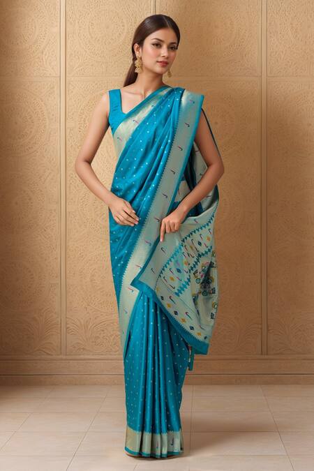 Samyukta Singhania Blue Pashmina Embroidery Asymmetric Floral Butti Woven Saree And Blouse at Aza Fashions Samyukta Singhania_Blue Pashmina Embroidery Asymmetric Floral Butti Woven Saree And Blouse_at_Aza_Fashions