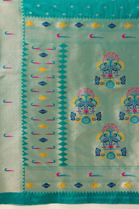 Samyukta Singhania Blue Pashmina Embroidery Square Neck Teal Paithani Silk Woven Saree Set Online at Aza Fashions Samyukta Singhania_Blue Pashmina Embroidery Square Neck Teal Paithani Silk Woven Saree Set _Online_at_Aza_Fashions