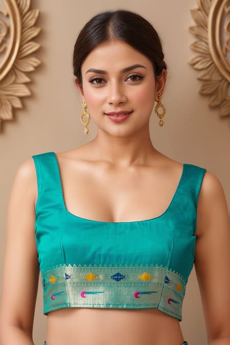 Buy Samyukta Singhania Blue Pashmina Embroidery Square Neck Teal Paithani Silk Woven Saree Set Online at Aza Fashions Buy_Samyukta Singhania_Blue Pashmina Embroidery Square Neck Teal Paithani Silk Woven Saree Set _Online_at_Aza_Fashions