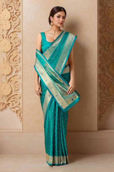 Shop Samyukta Singhania Blue Pashmina Embroidery Square Neck Teal Paithani Silk Woven Saree Set Online at Aza Fashions Shop_Samyukta Singhania_Blue Pashmina Embroidery Square Neck Teal Paithani Silk Woven Saree Set _Online_at_Aza_Fashions