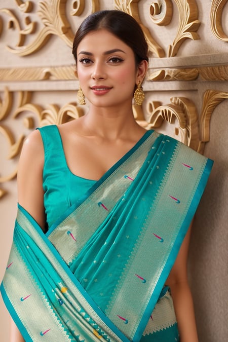 Buy Samyukta Singhania Blue Pashmina Embroidery Square Neck Teal Paithani Silk Woven Saree Set Buy_Samyukta Singhania_Blue Pashmina Embroidery Square Neck Teal Paithani Silk Woven Saree Set