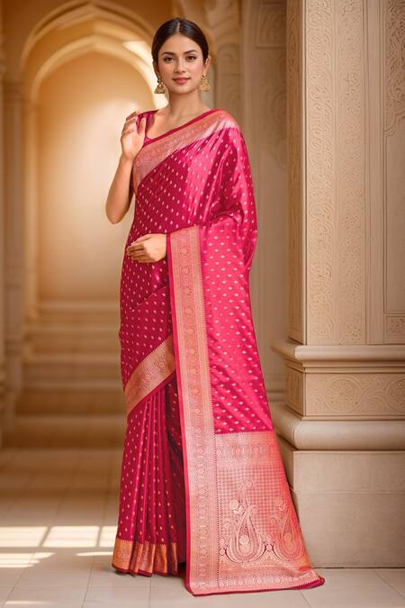 Shop_Naintara Bajaj_Pink Viscose, Silk Embroidery, Zari Round Paisley Woven Designer Saree And Blouse 