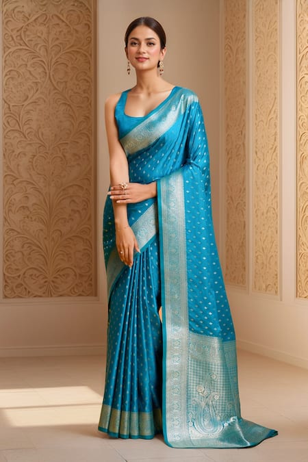 Shop_Naintara Bajaj_Blue Viscose, Silk Embroidery Round Neck Paisley Woven Saree Set _Online_at_Aza_Fashions