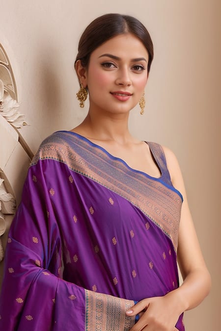 Naintara Bajaj Purple Viscose, Silk Embroidery Square Neck Floral Woven Saree With Blouse Online at Aza Fashions Naintara Bajaj_Purple Viscose, Silk Embroidery Square Neck Floral Woven Saree With Blouse _Online_at_Aza_Fashions