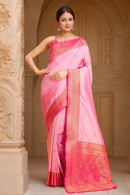 Samyukta Singhania Pink Silk, Viscose Embroidery V-neck Floral Woven Saree With Blouse Online at Aza Fashions Samyukta Singhania_Pink Silk, Viscose Embroidery V-neck Floral Woven Saree With Blouse _Online_at_Aza_Fashions