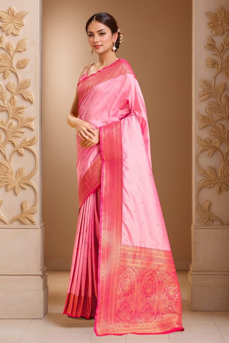 Buy Samyukta Singhania Pink Silk, Viscose Embroidery V-neck Floral Woven Saree With Blouse Online at Aza Fashions Buy_Samyukta Singhania_Pink Silk, Viscose Embroidery V-neck Floral Woven Saree With Blouse _Online_at_Aza_Fashions
