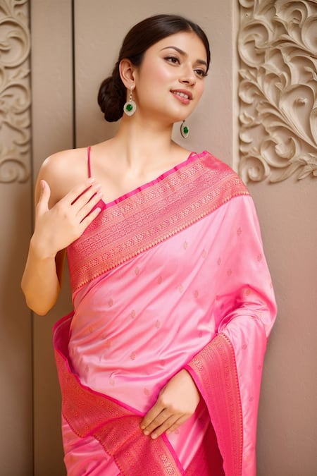 Shop Samyukta Singhania Pink Silk, Viscose Embroidery V-neck Floral Woven Saree With Blouse Online at Aza Fashions Shop_Samyukta Singhania_Pink Silk, Viscose Embroidery V-neck Floral Woven Saree With Blouse _Online_at_Aza_Fashions