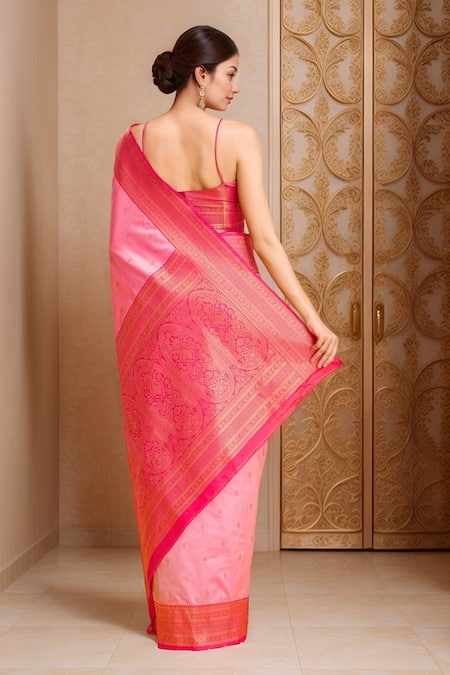 Shop Samyukta Singhania Pink Silk, Viscose Embroidery V-neck Floral Woven Saree With Blouse at Aza Fashions Shop_Samyukta Singhania_Pink Silk, Viscose Embroidery V-neck Floral Woven Saree With Blouse _at_Aza_Fashions