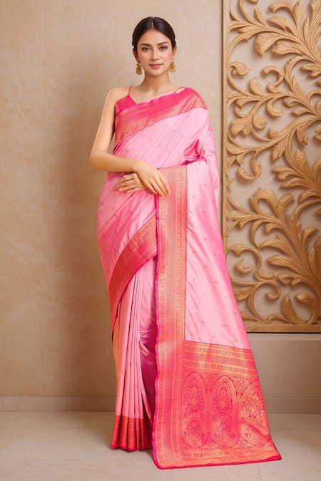 Samyukta Singhania Floral Woven Pink Saree With Blouse 