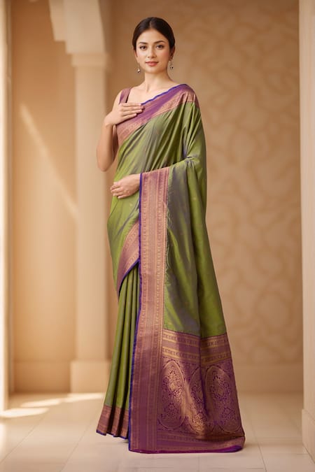 Buy Naintara Bajaj Green Silk, Viscose Embroidery Round Neck Floral Butta Woven Saree And Blouse Online at Aza Fashions Buy_Naintara Bajaj_Green Silk, Viscose Embroidery Round Neck Floral Butta Woven Saree And Blouse _Online_at_Aza_Fashions