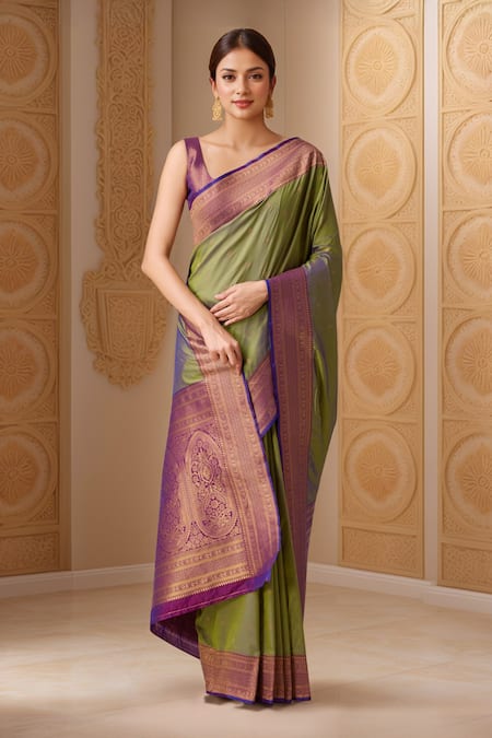 Buy Naintara Bajaj Green Silk, Viscose Embroidery Round Neck Floral Butta Woven Saree And Blouse Buy_Naintara Bajaj_Green Silk, Viscose Embroidery Round Neck Floral Butta Woven Saree And Blouse