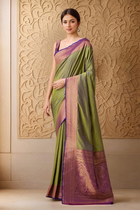 Shop Naintara Bajaj Green Silk, Viscose Embroidery Round Neck Floral Butta Woven Saree And Blouse Shop_Naintara Bajaj_Green Silk, Viscose Embroidery Round Neck Floral Butta Woven Saree And Blouse