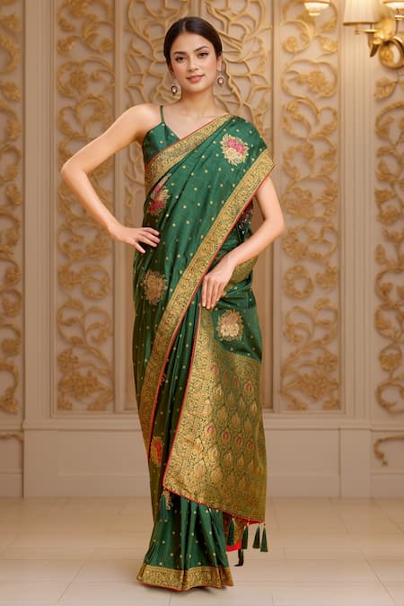 Buy_Samyukta Singhania_Green Denim Embroidery, Zari V-neck Floral Butta Woven Saree And Blouse _Online_at_Aza_Fashions