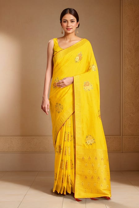 Samyukta Singhania Floral Woven Yellow Saree Set 