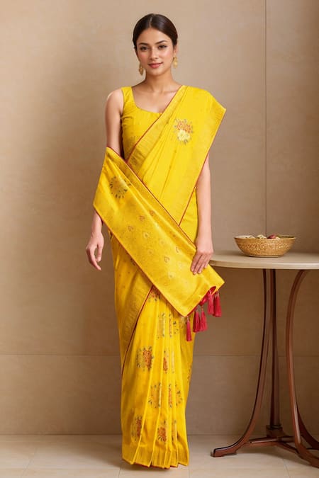 Shop_Samyukta Singhania_Yellow Denim Embroidery Round Neck Floral Woven Saree Set _Online_at_Aza_Fashions