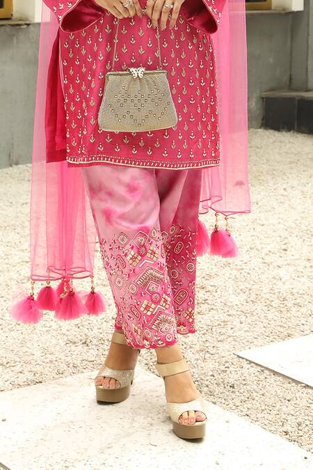 Shop_Nitisha Kashyap Official_Pink Silk, Net Beads, Sequins, Zari V-neck Floral Zardozi Embroidered Kurta Set _Online_at_Aza_Fashions