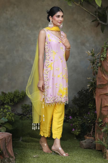 Buy_Nitisha Kashyap Official_Purple Silk, Net Embroidery, Tassels, Beads V-neck Tie Dye Kurta Set _Online_at_Aza_Fashions