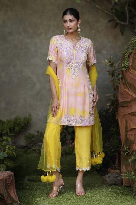 Nitisha Kashyap Official_Purple Silk, Net, Linen Cut Work, Embroidery, Tassels Tie Dye Floral Kurta Set _Online_at_Aza_Fashions