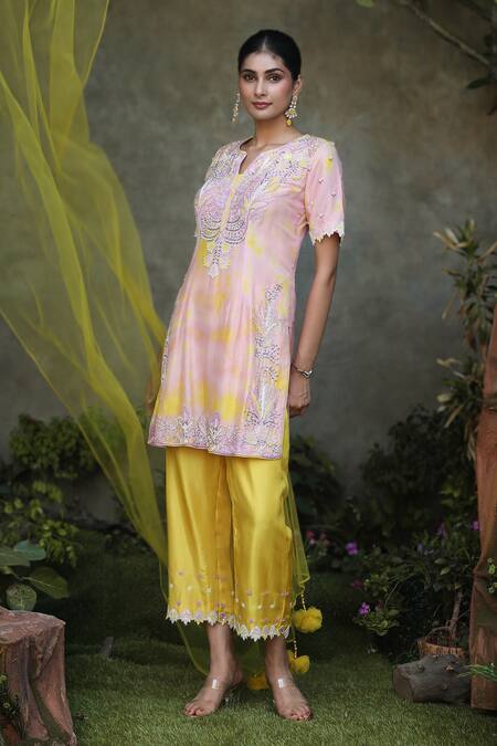 Buy_Nitisha Kashyap Official_Purple Silk, Net, Linen Cut Work, Embroidery, Tassels Tie Dye Floral Kurta Set _Online_at_Aza_Fashions