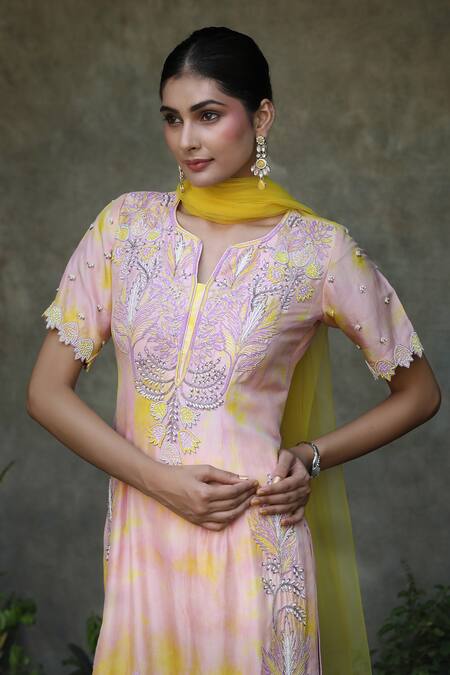 Shop_Nitisha Kashyap Official_Purple Silk, Net, Linen Cut Work, Embroidery, Tassels Tie Dye Floral Kurta Set _Online_at_Aza_Fashions